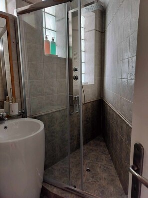 Combined shower/tub, hair dryer, towels, soap