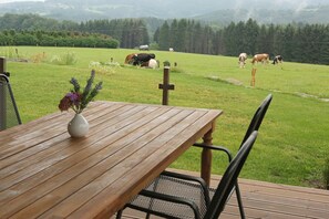 Outdoor dining - Cozy holiday home with a magnificent view (Marialinden)