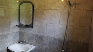 Shower, hair dryer, soap, shampoo