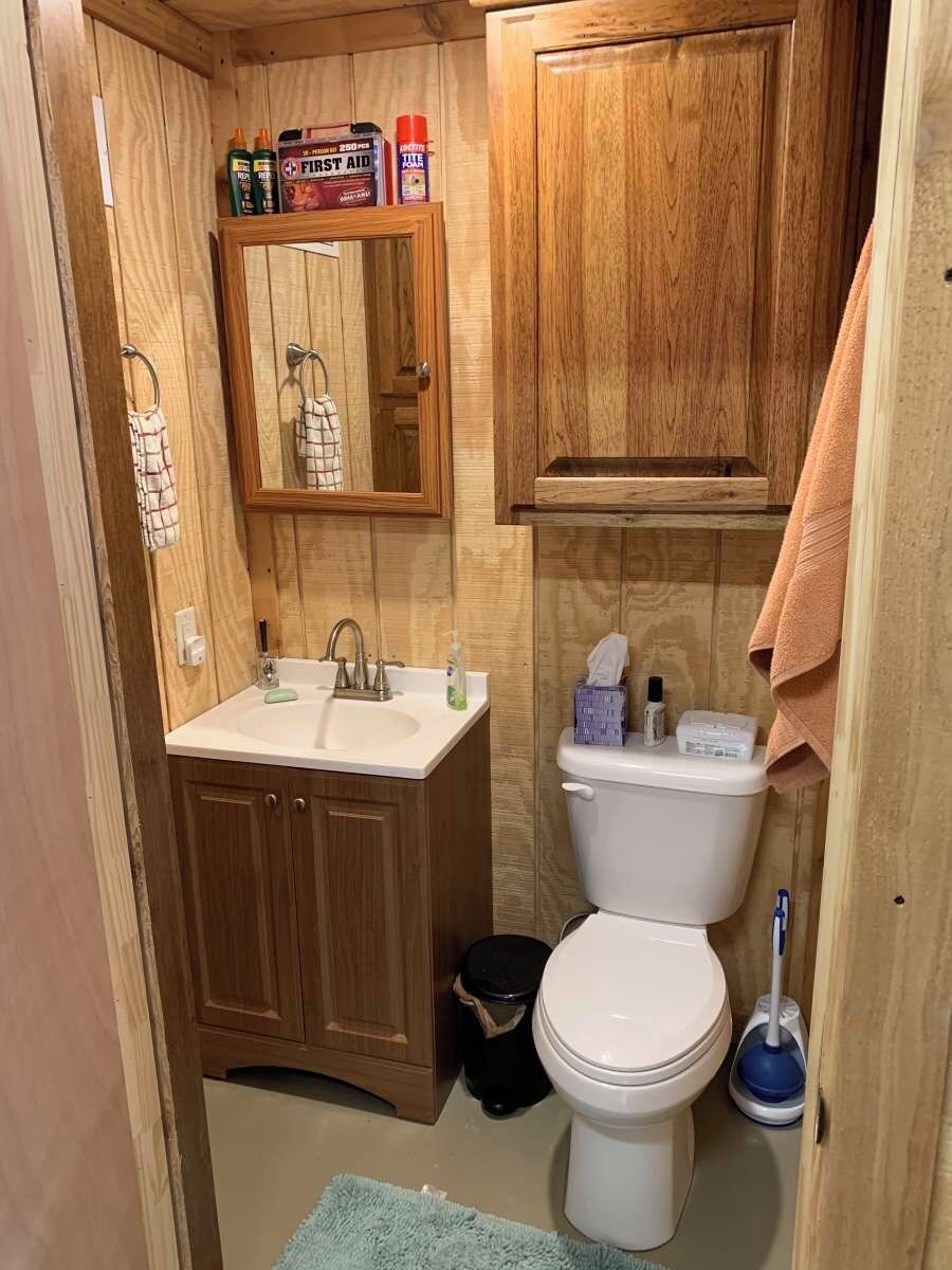 A small bathroom with wooden cabinets, a sink, a toilet, and a mirror.