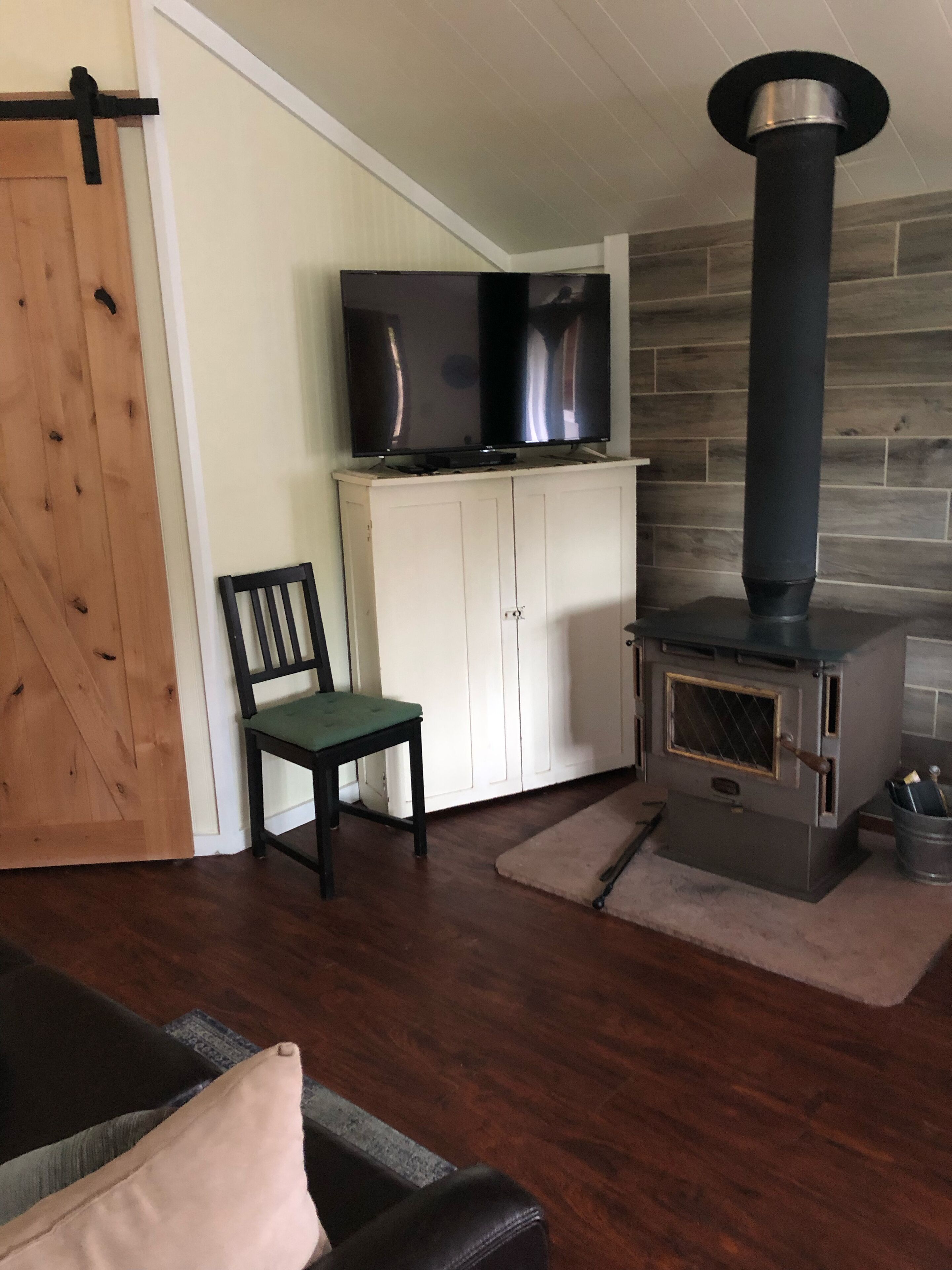 Smart-tv, eldstad, dvd-spelare och böcker