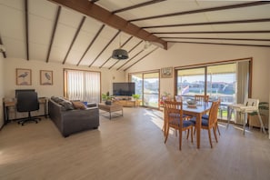 Televisio, Netflix, DVD-soitin, kirjoja