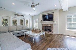 Smart TV, fireplace, video games, DVD player