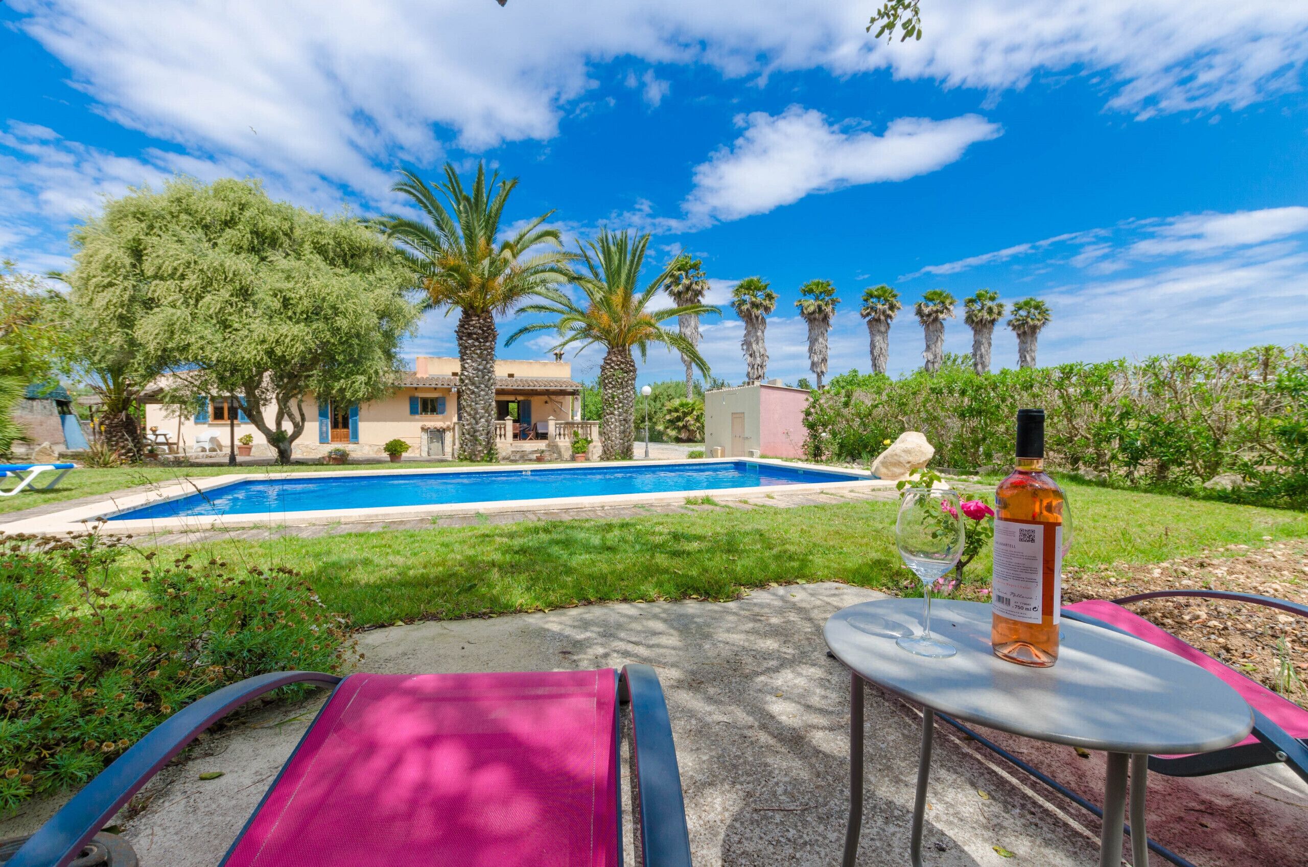 A pool area with a clear blue sky, palm trees, and a table with a bottle and glass.