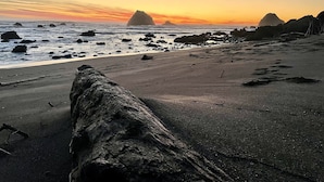 Ein Strand mit einem großen Baumstamm im Vordergrund, felsiger Küste und Bergen in der Ferne bei Sonnenuntergang.