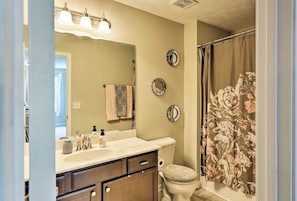 Combined shower/tub, hair dryer, towels, toilet paper