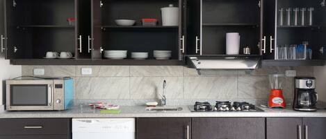 Fridge, microwave, stovetop, dishwasher