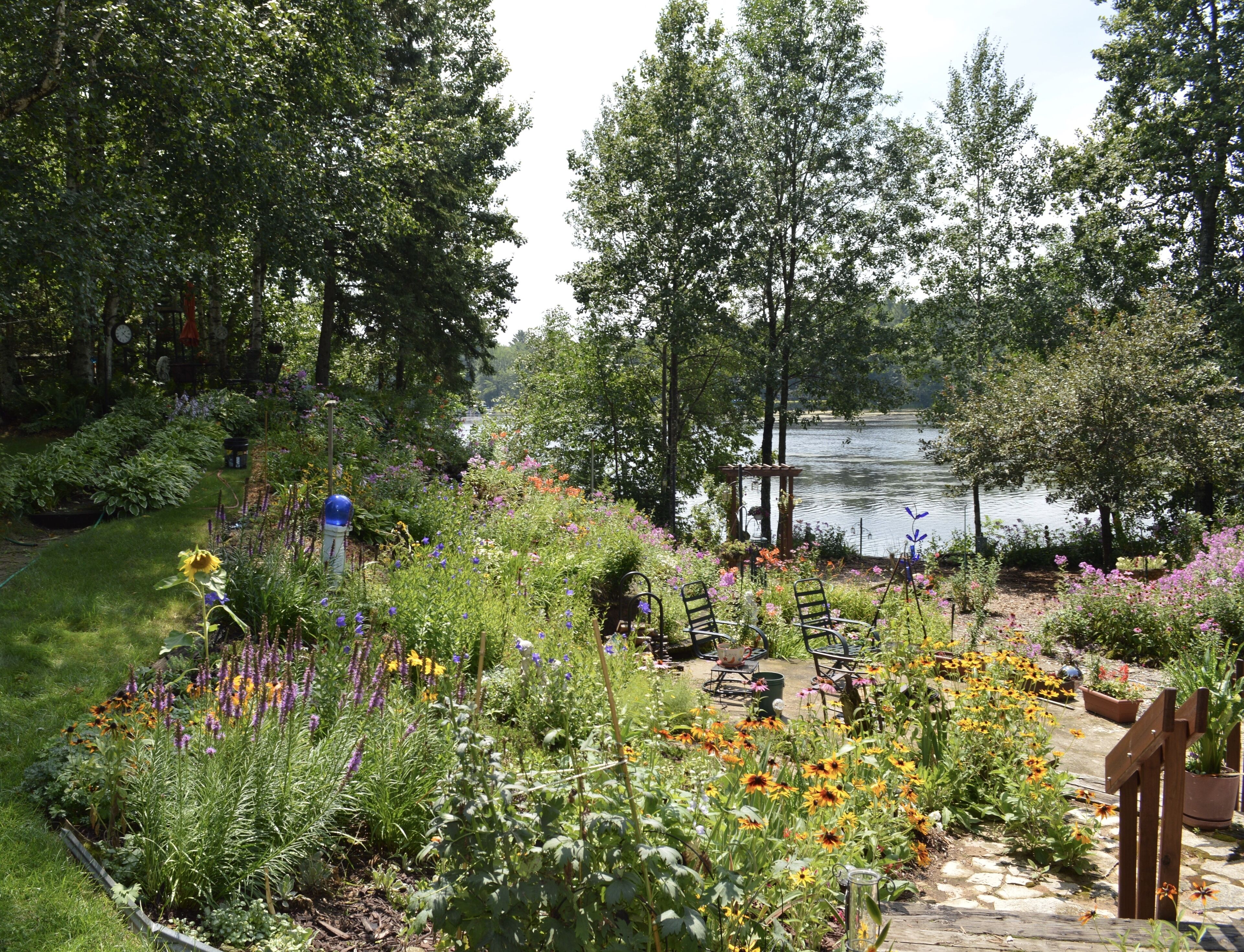 A garden with a pond, surrounded by various plants and flowers, with a bench and chairs in the foreground.
