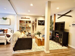 Télévision, cheminée, jeux vidéo, lecteur de DVD