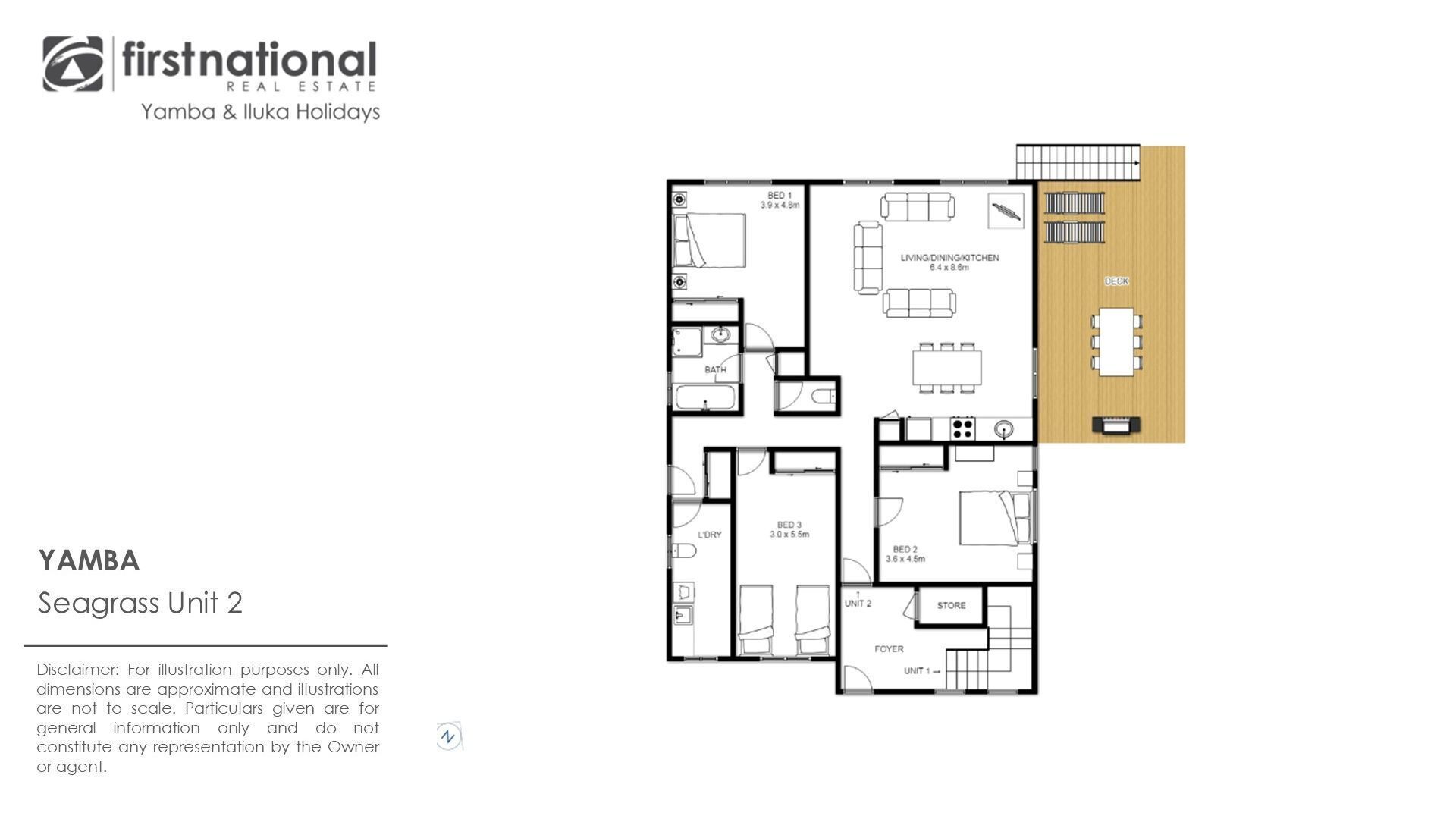 A floor plan of Yamba Seagrass Unit 2, including a living/dining/kitchen area, two bedrooms, a bathroom, a foyer, and a store.