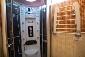 シャワー、ヘアドライヤー、タオル、トイレットペーパー