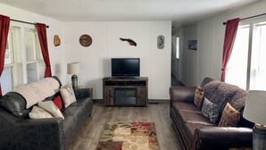 A living room with two sofas, a TV, and a fireplace. - Views, Central AC, Location and Solitude (Irwin)