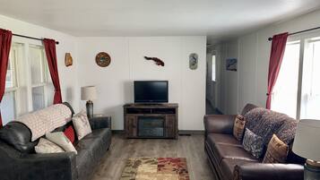 Smart-tv, een open haard, een dvd-speler en boeken