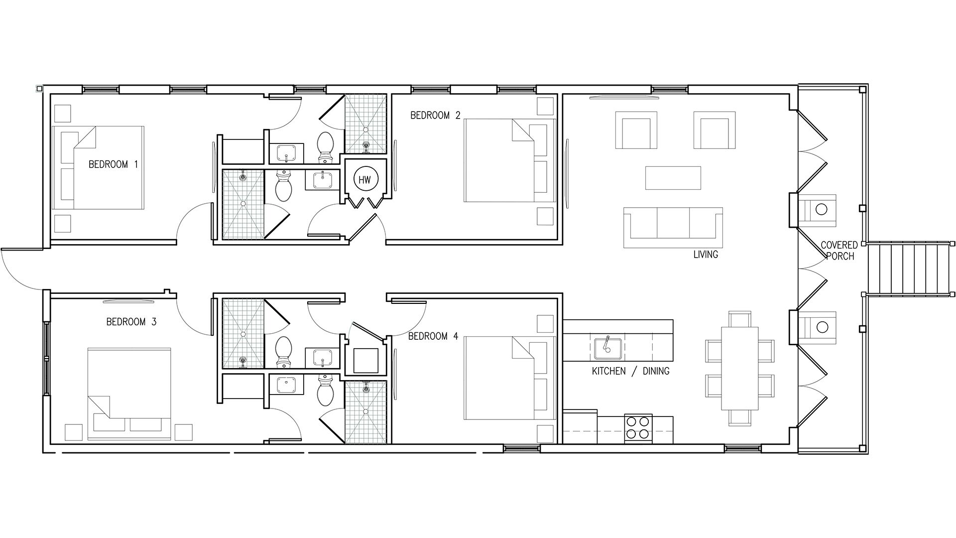 Plano de planta de un hotel con cuatro dormitorios, sala de estar, porche cubierto y cocina-comedor.