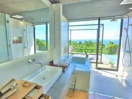 独立的浴缸和淋浴、免费洗浴用品、吹风机、浴袍