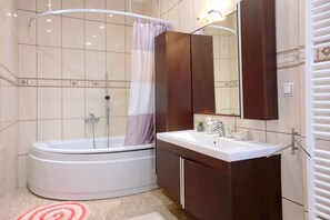 Hair dryer, bidet, towels, soap