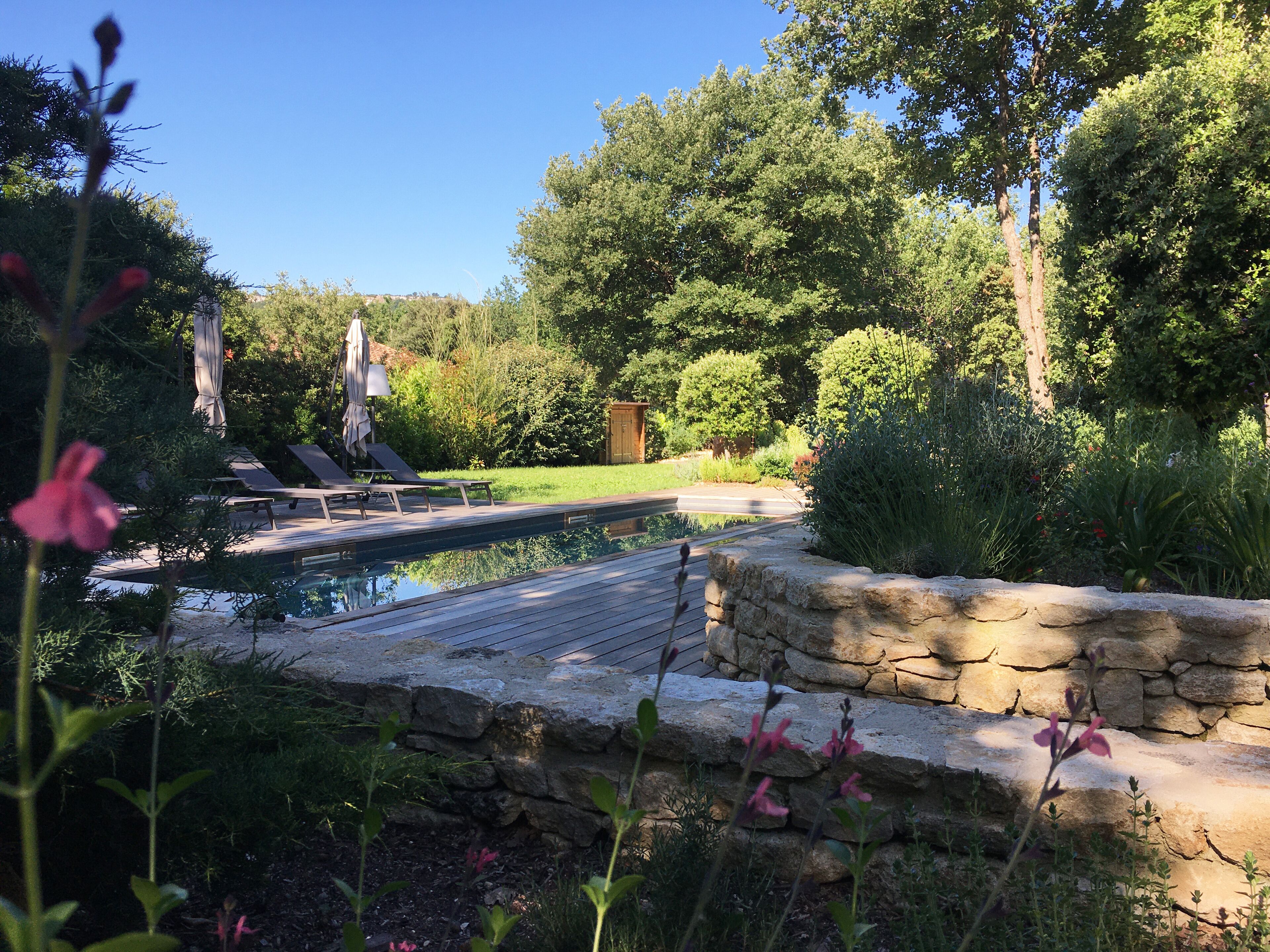 A swimming pool with a stone deck, surrounded by lush greenery and trees.