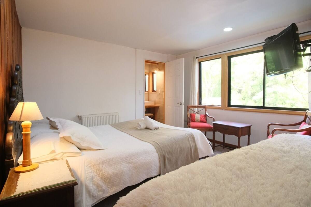 Habitación de hotel con dos camas, un escritorio, una silla, un televisor y una ventana con vistas a zonas verdes.