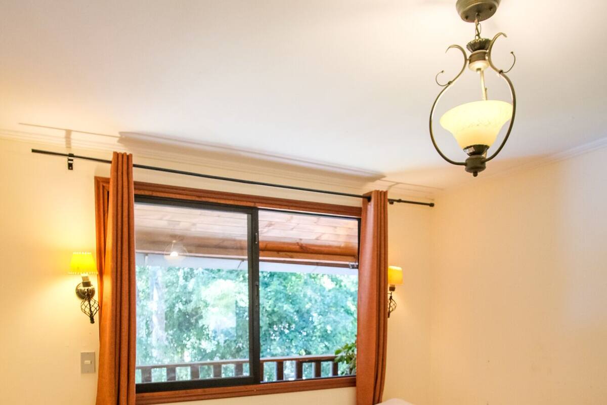 Habitación de hotel con dos camas individuales, una ventana con cortinas, una lámpara colgante y vista a zonas verdes.