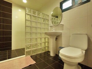 A bathroom with a toilet, a sink, and a glass block shower enclosure. - WangWang B&B (Magong)
