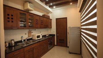 Fridge, microwave, oven, electric kettle