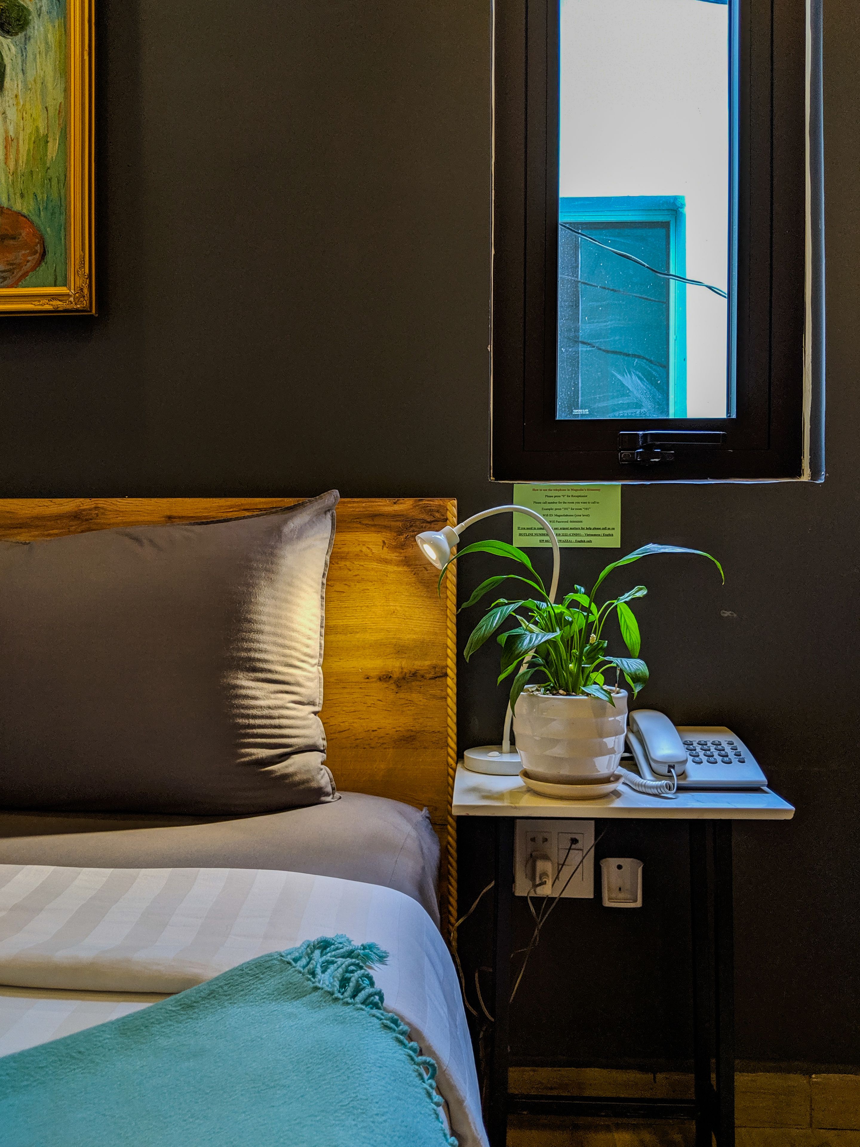 A neatly made bed with a grey pillow and a teal throw blanket, a small bedside table with a white lamp, a potted plant, and a telephone.