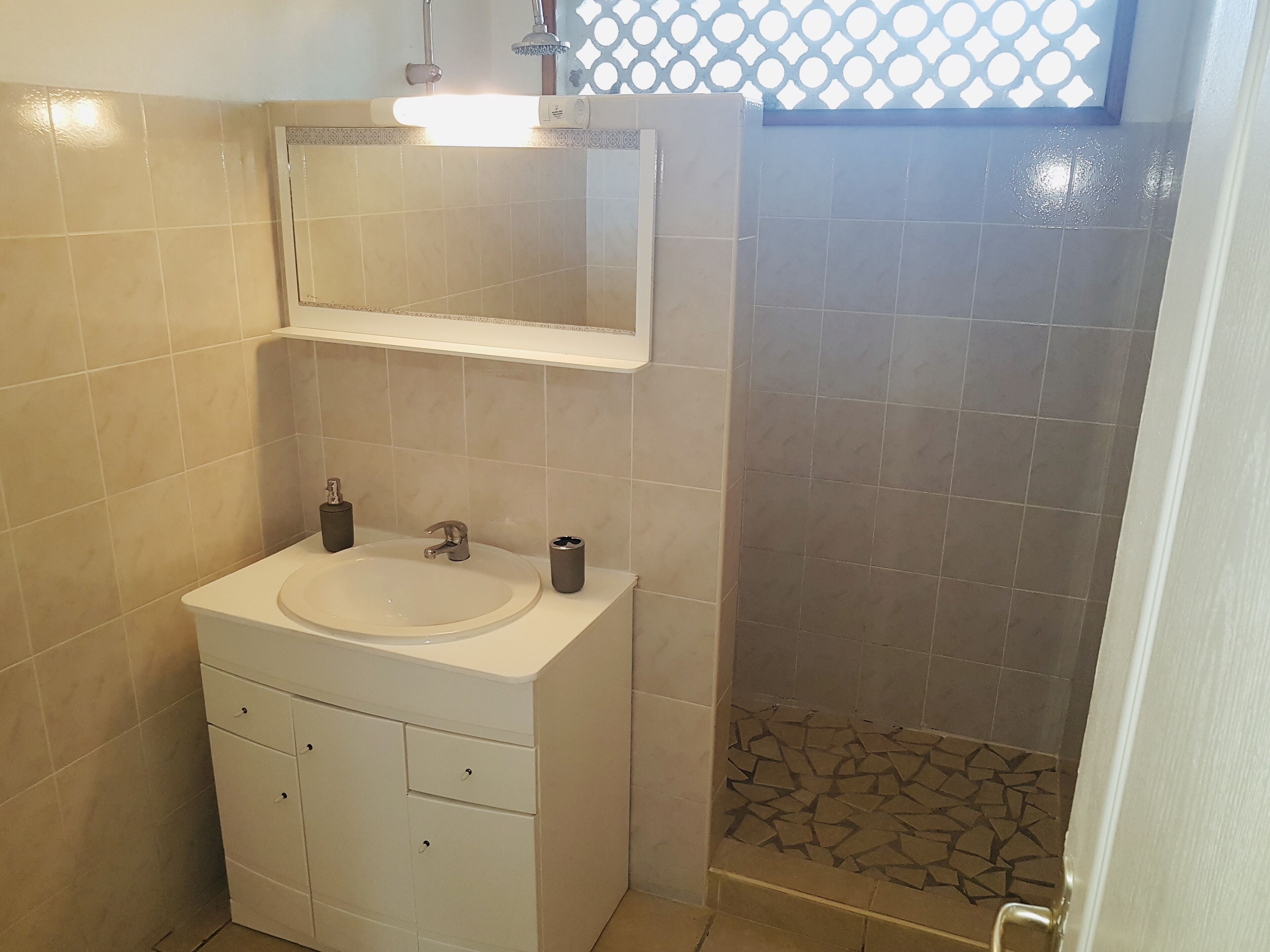 Shower, hair dryer, soap, shampoo