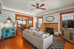 Smart TV, fireplace, books