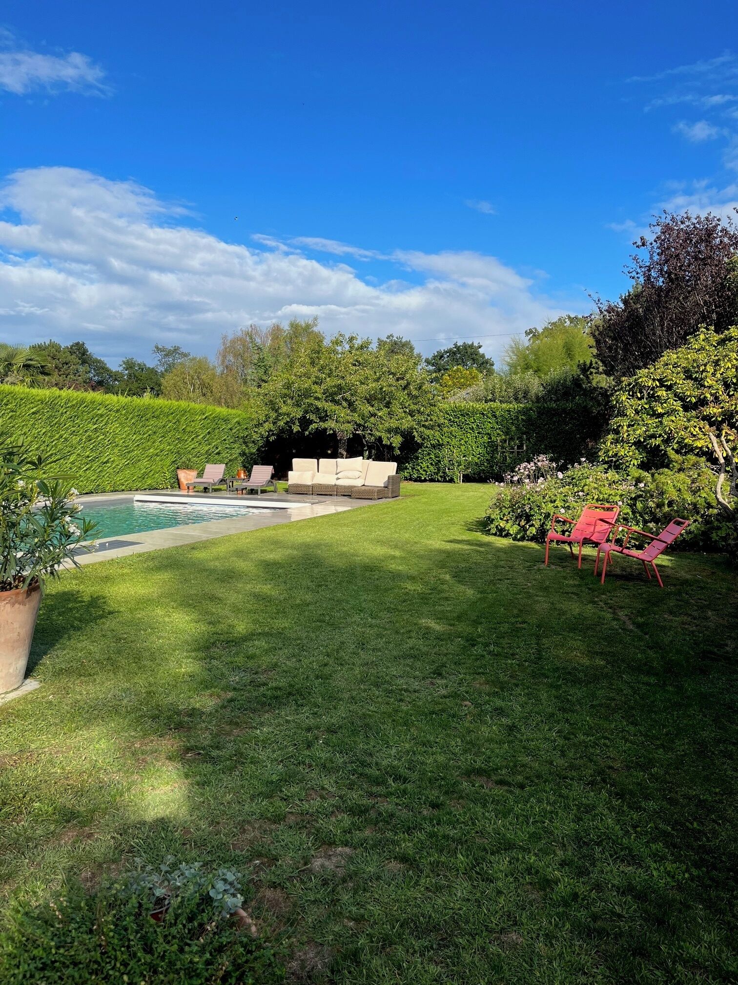 A well-maintained backyard with a swimming pool, a seating area with a sofa and chairs, and lush greenery.