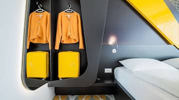 Premium bedding, desk, laptop workspace, blackout curtains