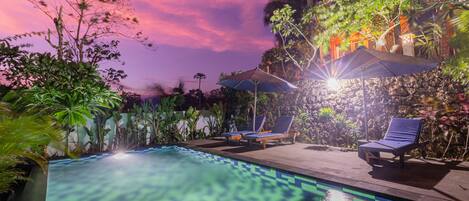 Outdoor pool, pool umbrellas, pool loungers