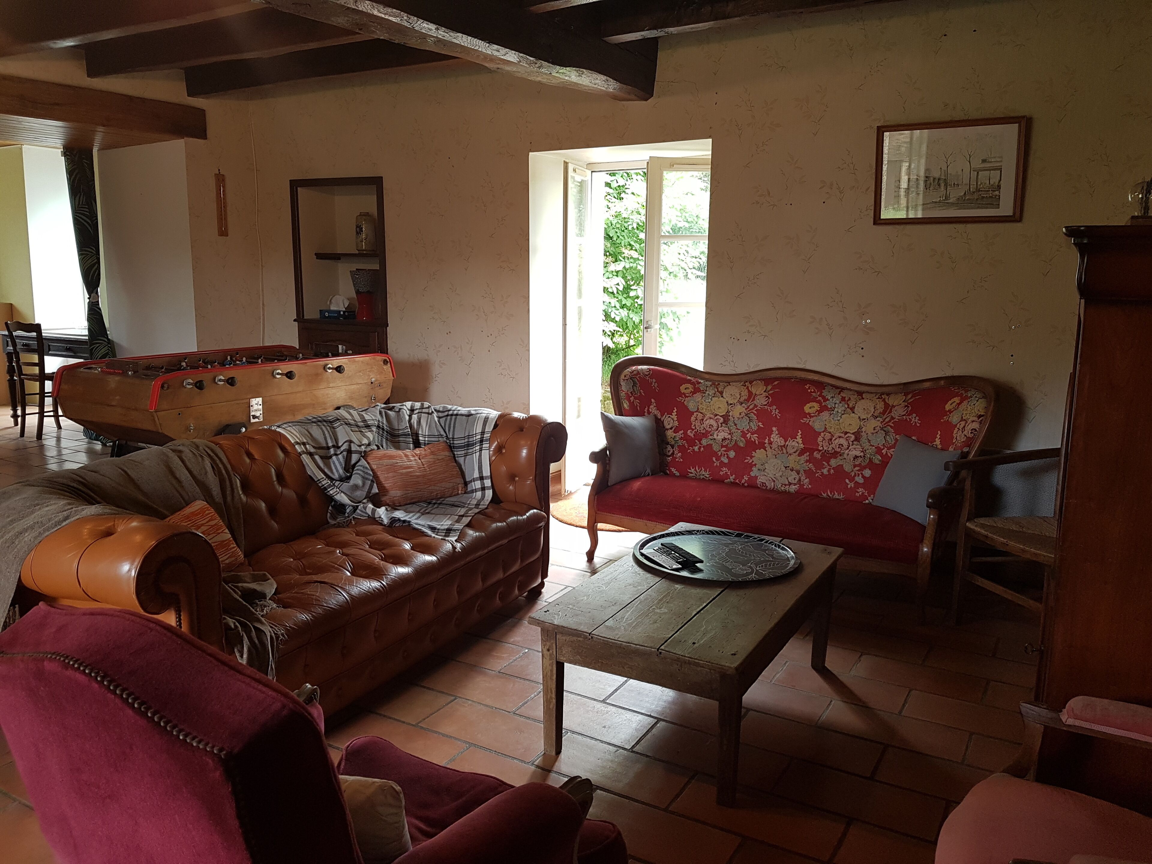 TV, tavolo da calcetto, tavolo da ping pong, libri