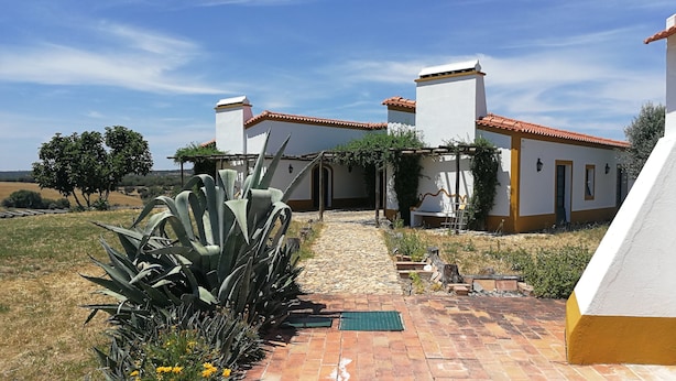 Un edificio tradizionale con tetto in tegole, un vialetto in pietra e un giardino con piante di agave.