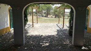 Un cortile lastricato in pietra con una pergola, circondato da vegetazione e alberi.