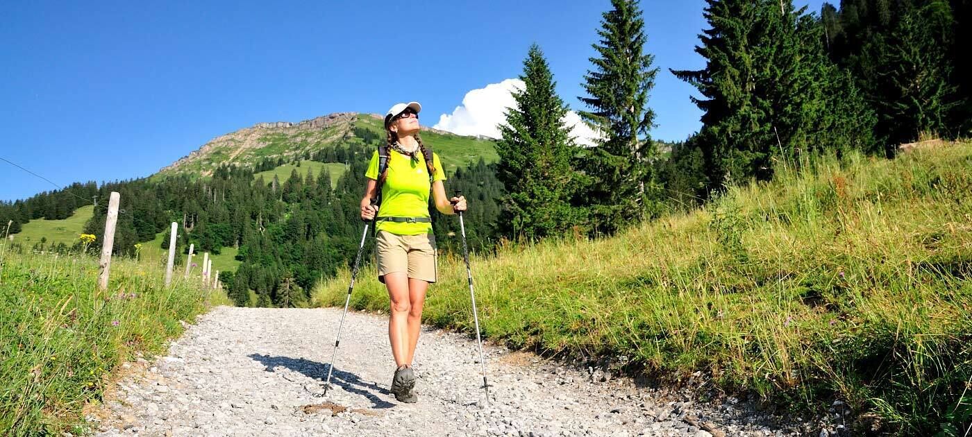 Una persona caminant per un sender de grava envoltat de vegetació i arbres.