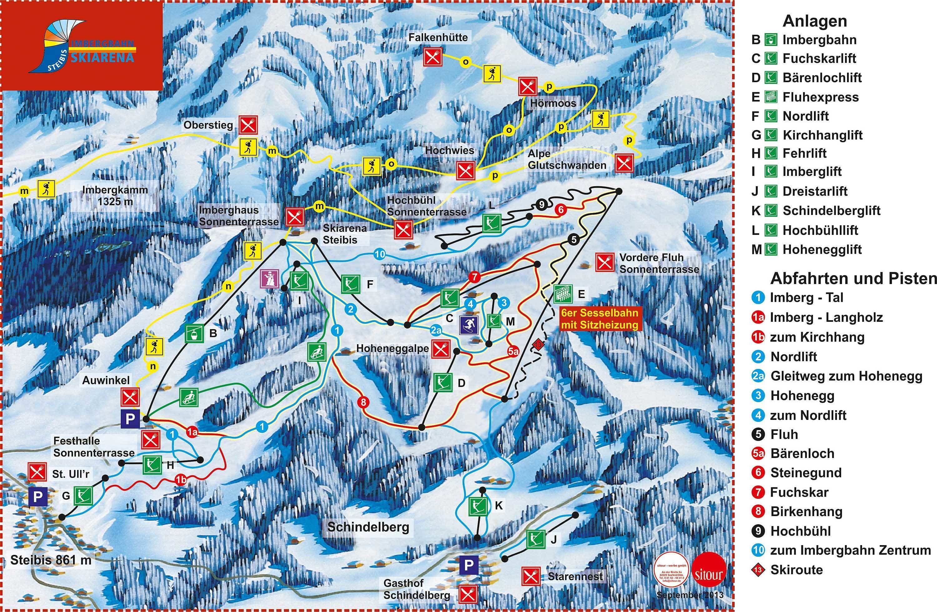 A ski resort map with marked ski runs, lifts, and facilities.