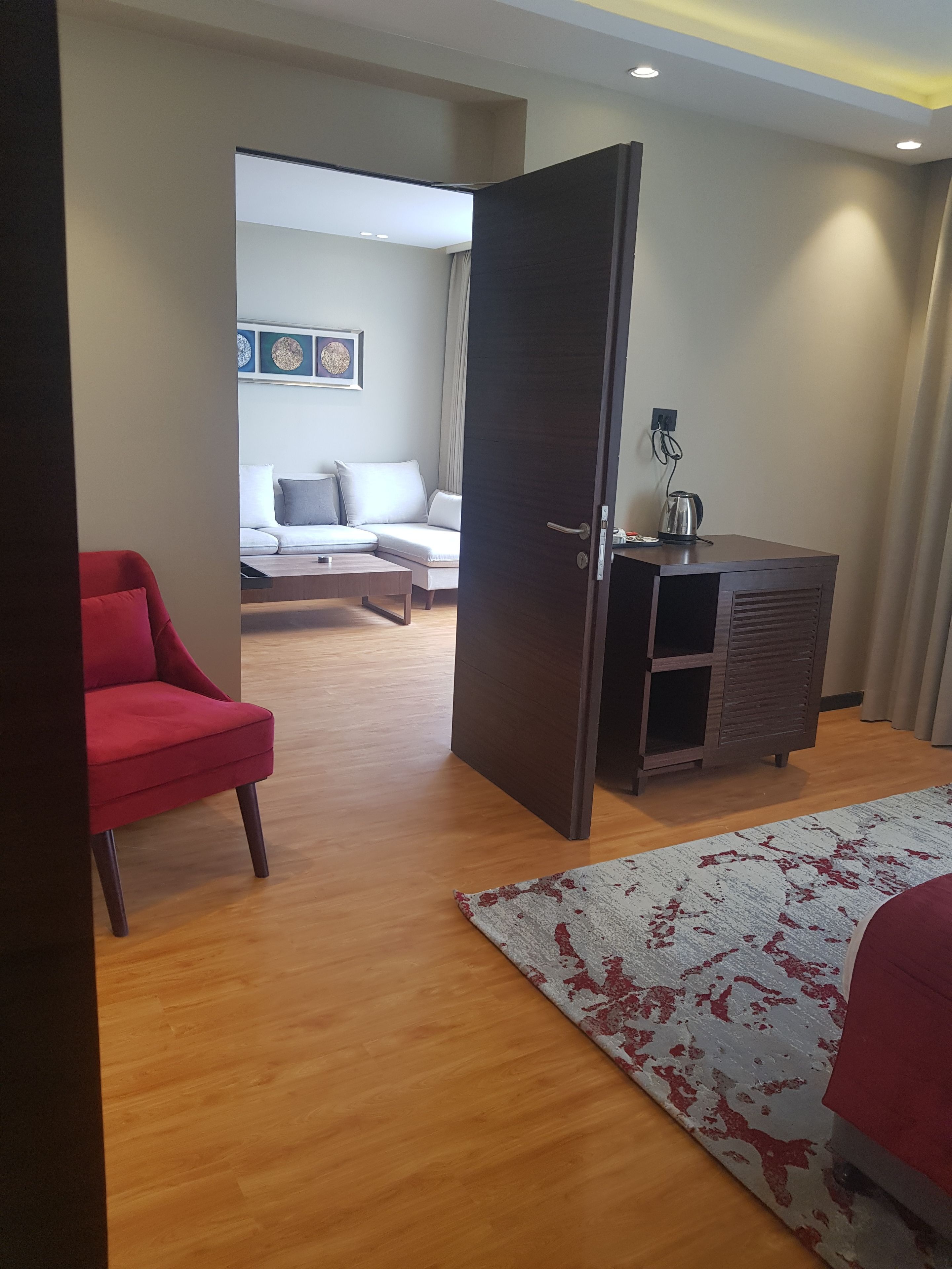 Habitación de hotel con piso de madera, un sillón rojo, un sofá, un mueble bajo y una alfombra estampada.
