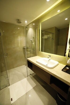 Habitación de lujo, 1 habitación, no fumadores, vistas a la ciudad | Baño | Ducha y cabezal de ducha tipo lluvia