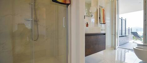 Shower, hair dryer, towels