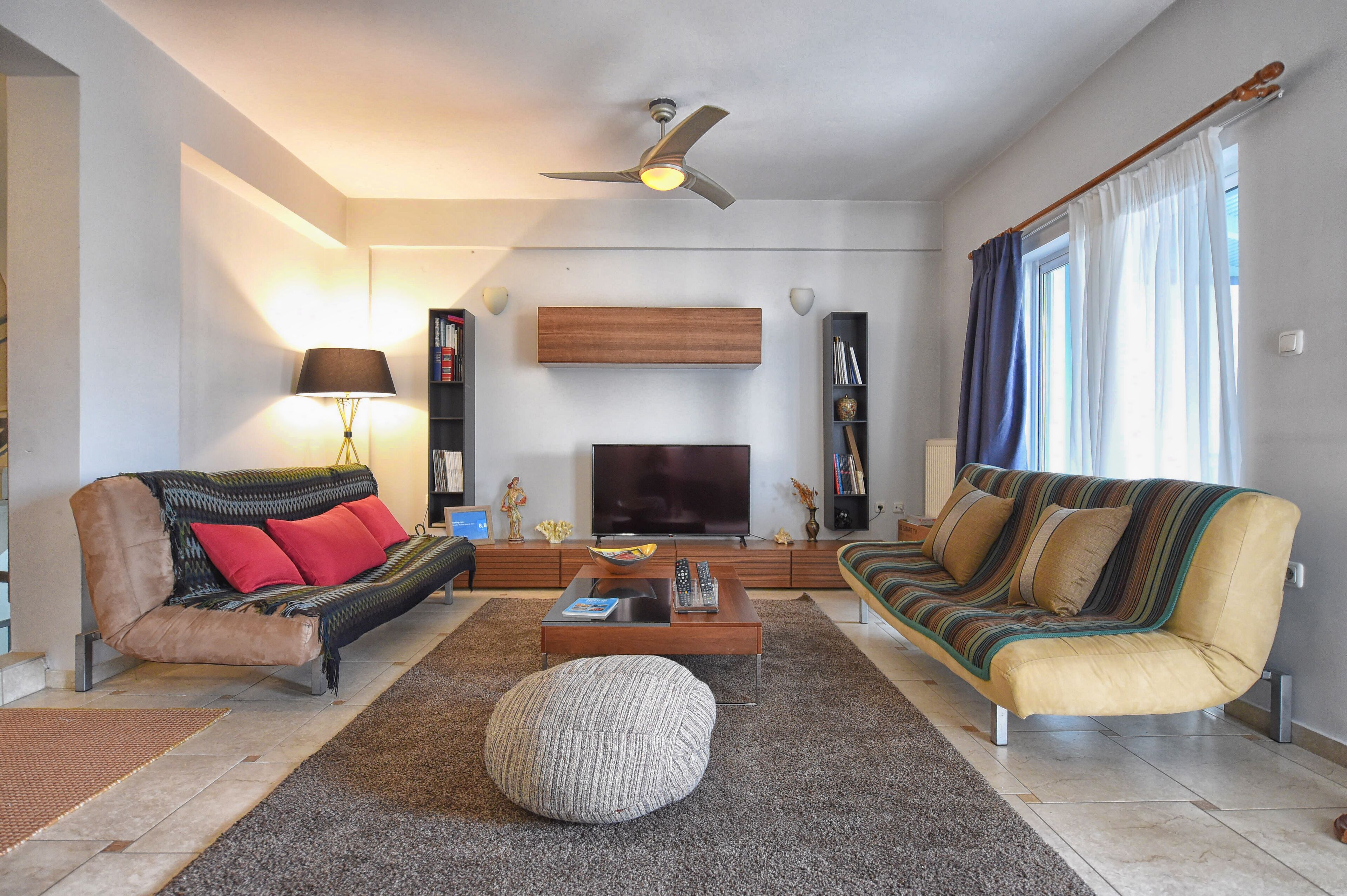 智能电视、壁炉、DVD 播放器、书