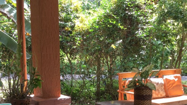 An outdoor patio area with wooden picnic tables and benches, surrounded by lush greenery and a brick wall. - Chogun Hostel (Chumphon)