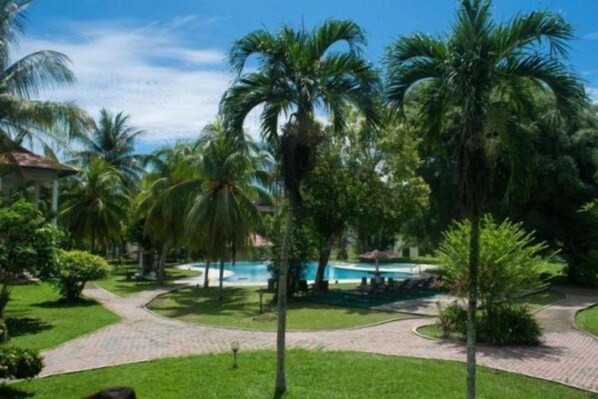 A resort with a swimming pool surrounded by palm trees and a paved walkway.