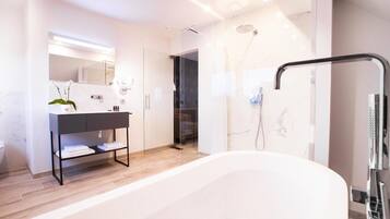 Shower, free toiletries, hair dryer, towels