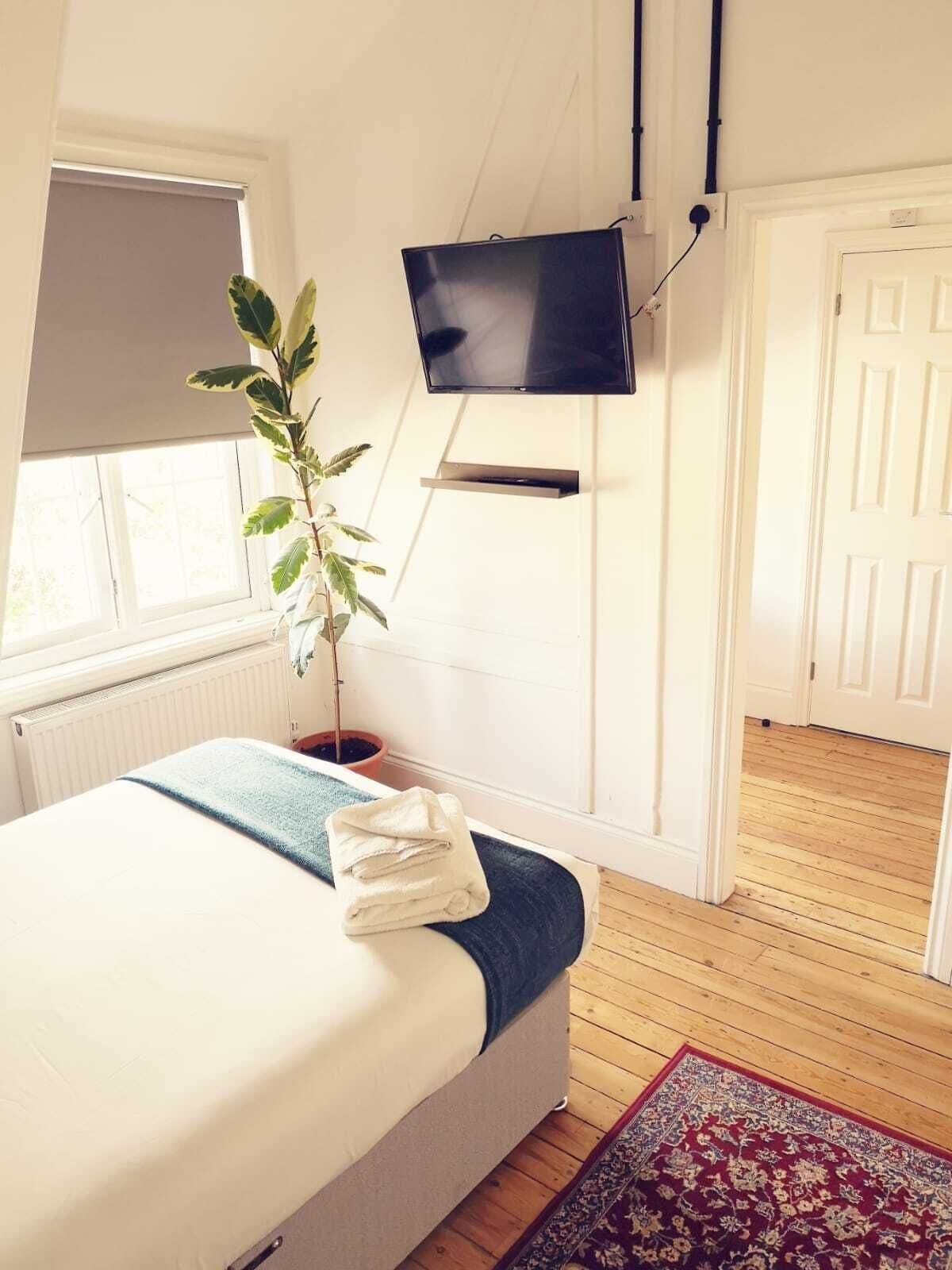 Un dormitorio con cama, televisor montado en la pared, planta en maceta y suelo de madera.