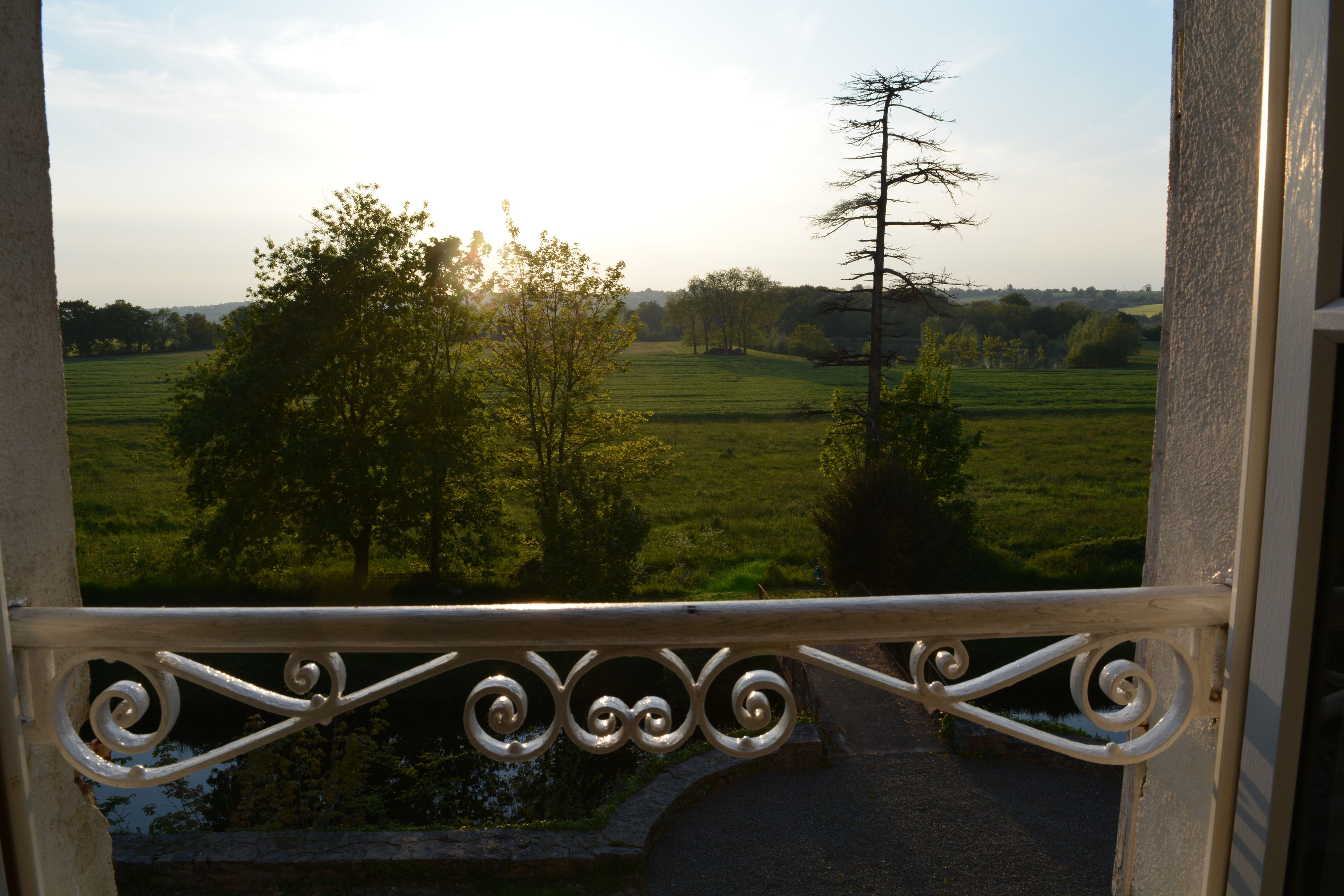 A balcony with a wrought iron railing overlooking a green field and trees.