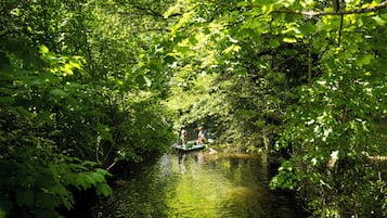 Un étroit canal bordé d’une végétation luxuriante.