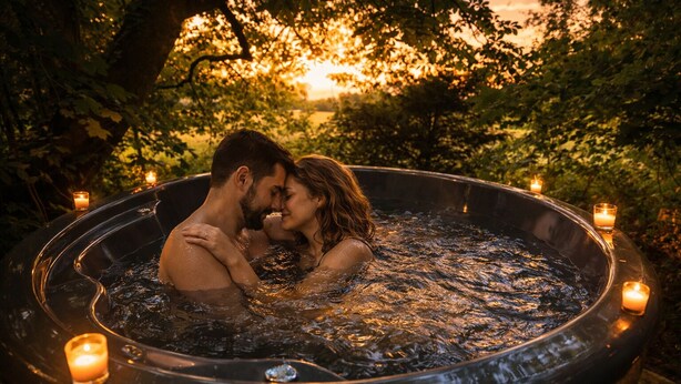 Una pareja en un jacuzzi rodeado de velas y árboles.