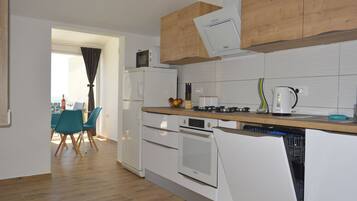 Apartment (A1) | Private kitchen | Fridge, microwave, stovetop, dishwasher