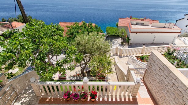 A balcony with potted plants, a view of the sea, and a building with a tiled roof.