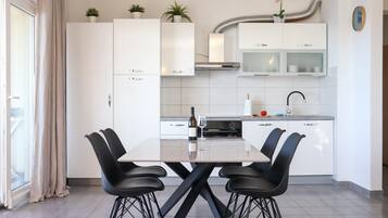 Apartment (A3) | Private kitchen | Fridge, oven, stovetop, electric kettle